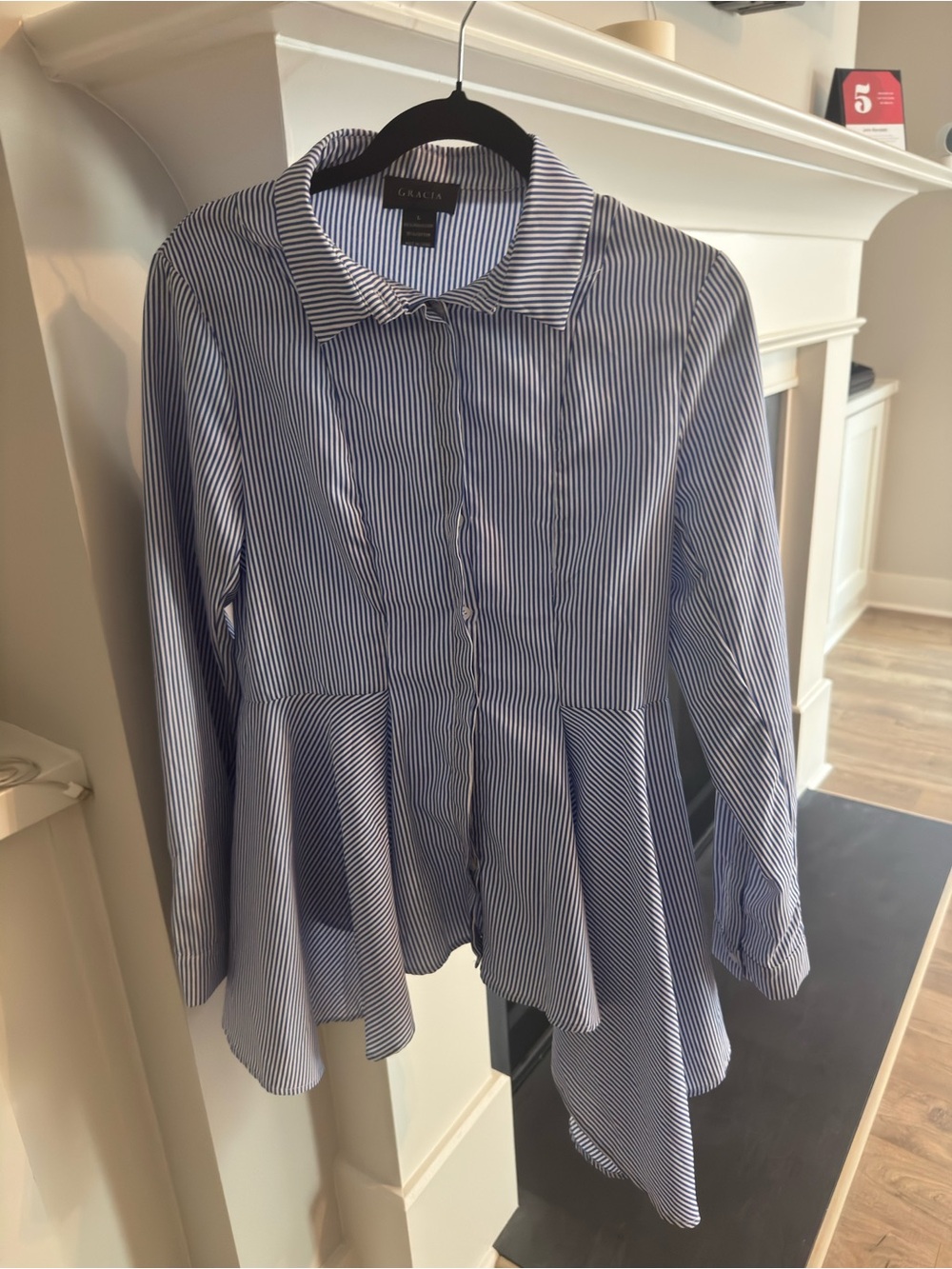 Gracia Navy and White Striped Peplum Button-Down Shirt